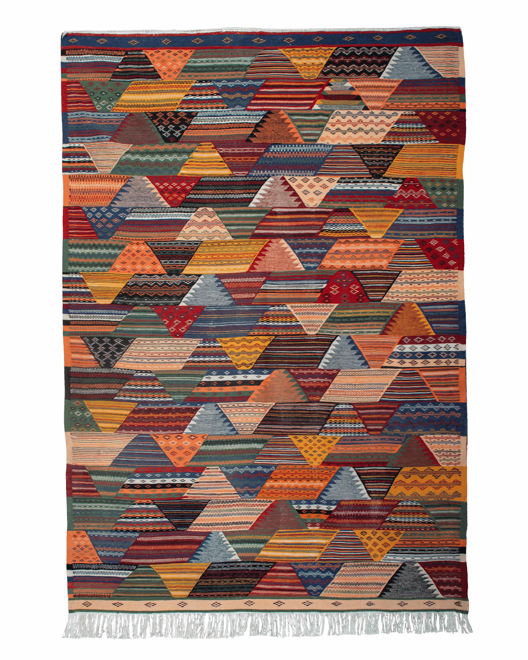 Tappeto kilim marocchino 305×201 cm in 100% lana di pecora, tessitura piatta, patchwork geometrico multicolor con triangoli e rombi, frange su un lato