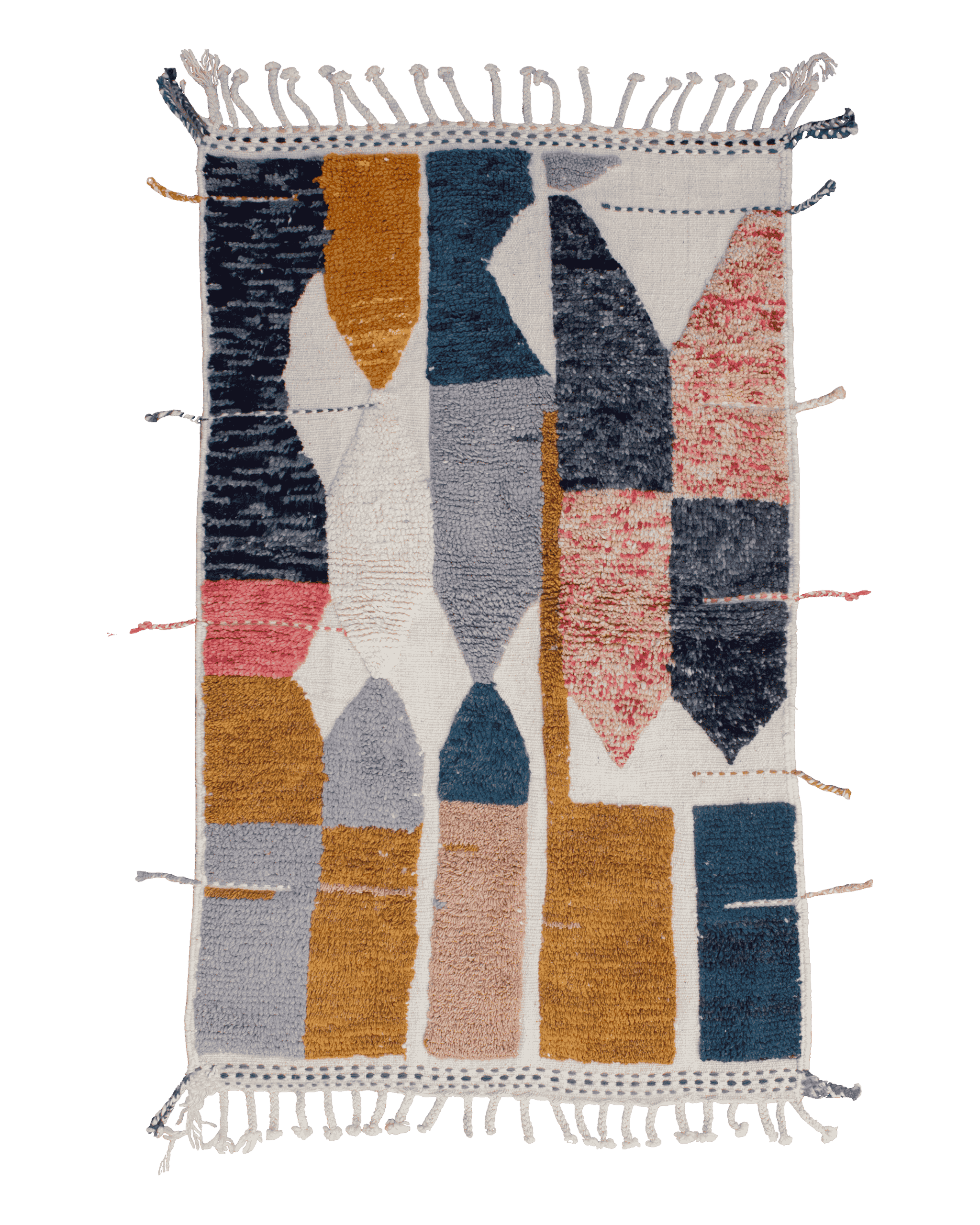 Tappeto berbero colorato 170x110 cm con blocchi geometrici in lana in colori pastello blu, grigio, giallo, rosa su sfondo bianco