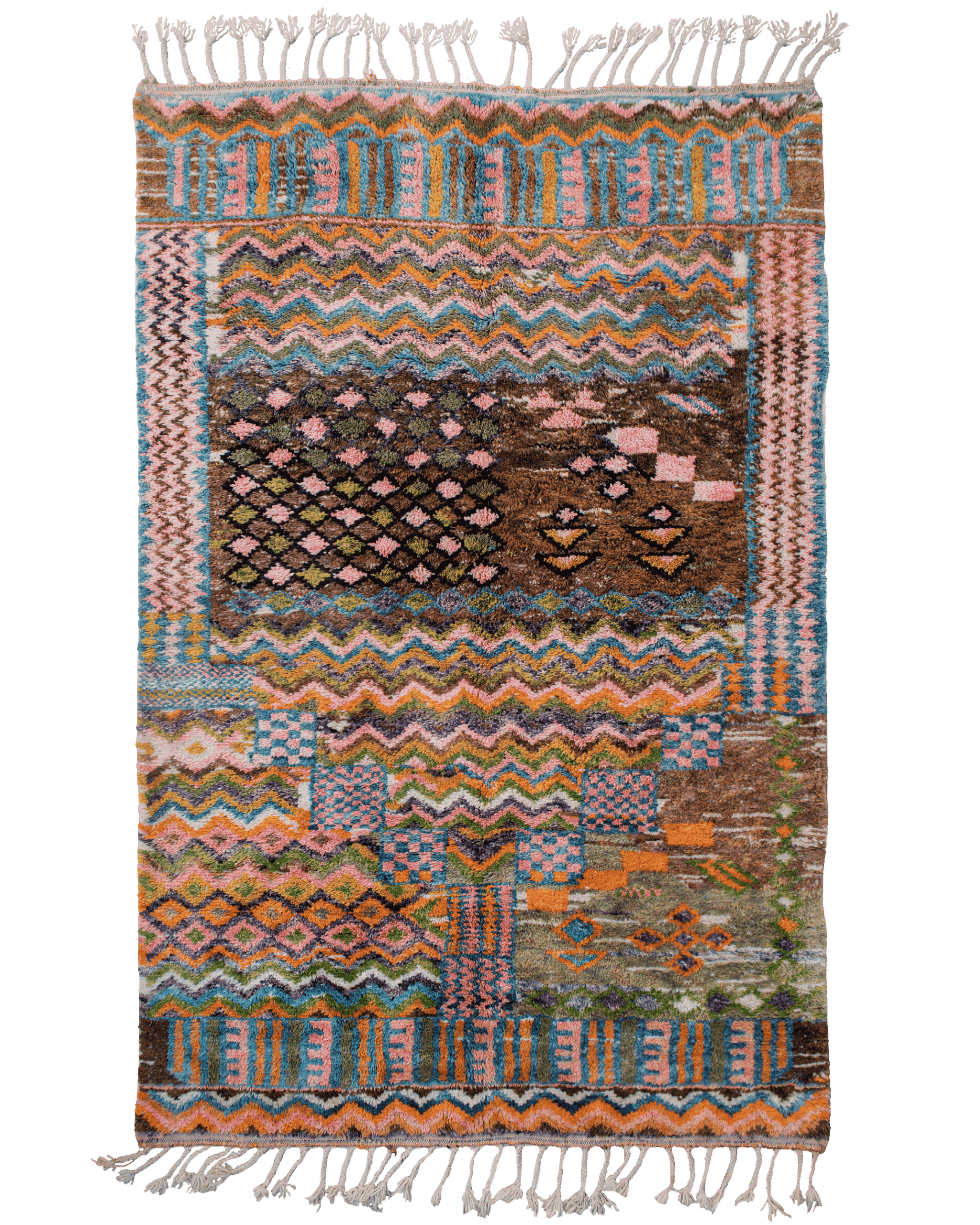 Tappeto grande da salotto in lana multicolore a pelo corto con motivi geometrici, rombi e zigzag della tradizione berbera marocchina