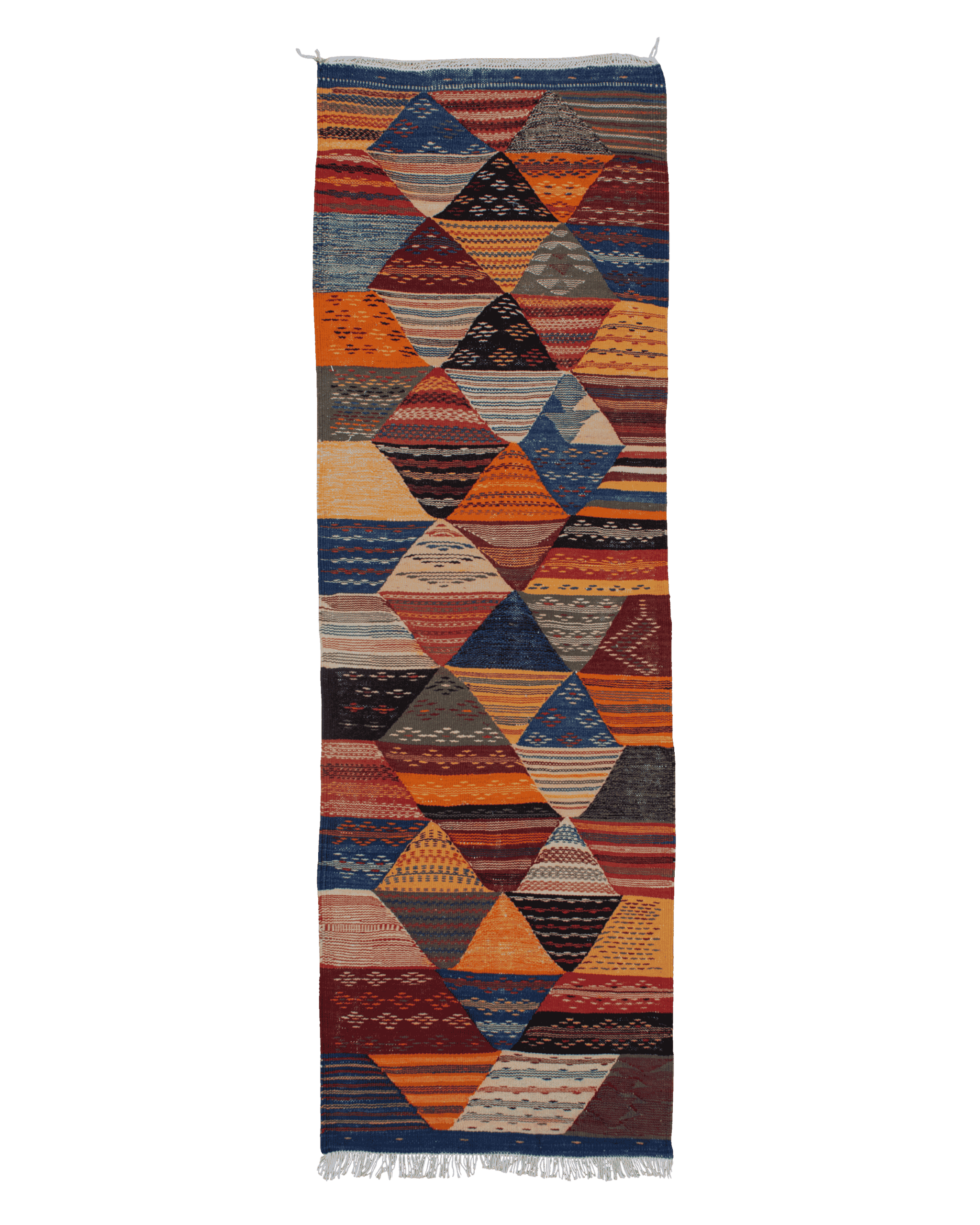 Tappeto lungo e stretto per corridoio, ingresso o cucina in lana a tessitura piatta a triangoli e trapezi in colori caldi e freddi
