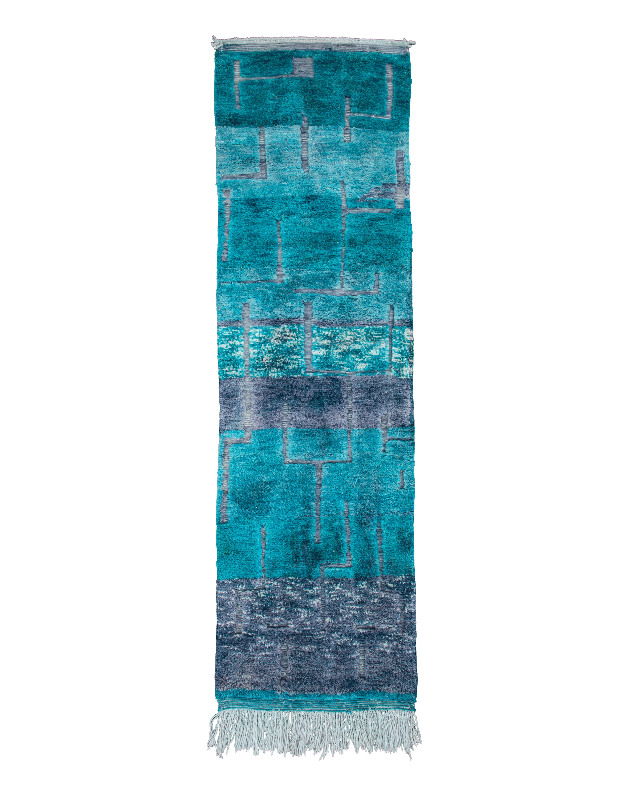 Tappeto passatoia Beni Ourain blu 300×80 cm in pura lana con fasce azzurre, turchesi, e tocchi bianchi e indaco