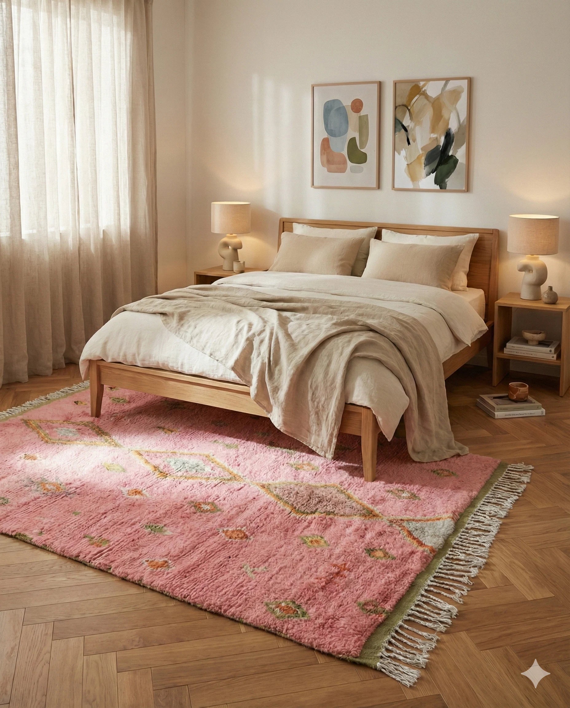 Camera da letto con letto in legno e tappeto berbero in lana rosa e verde con rombi steso ai suoi piedi
