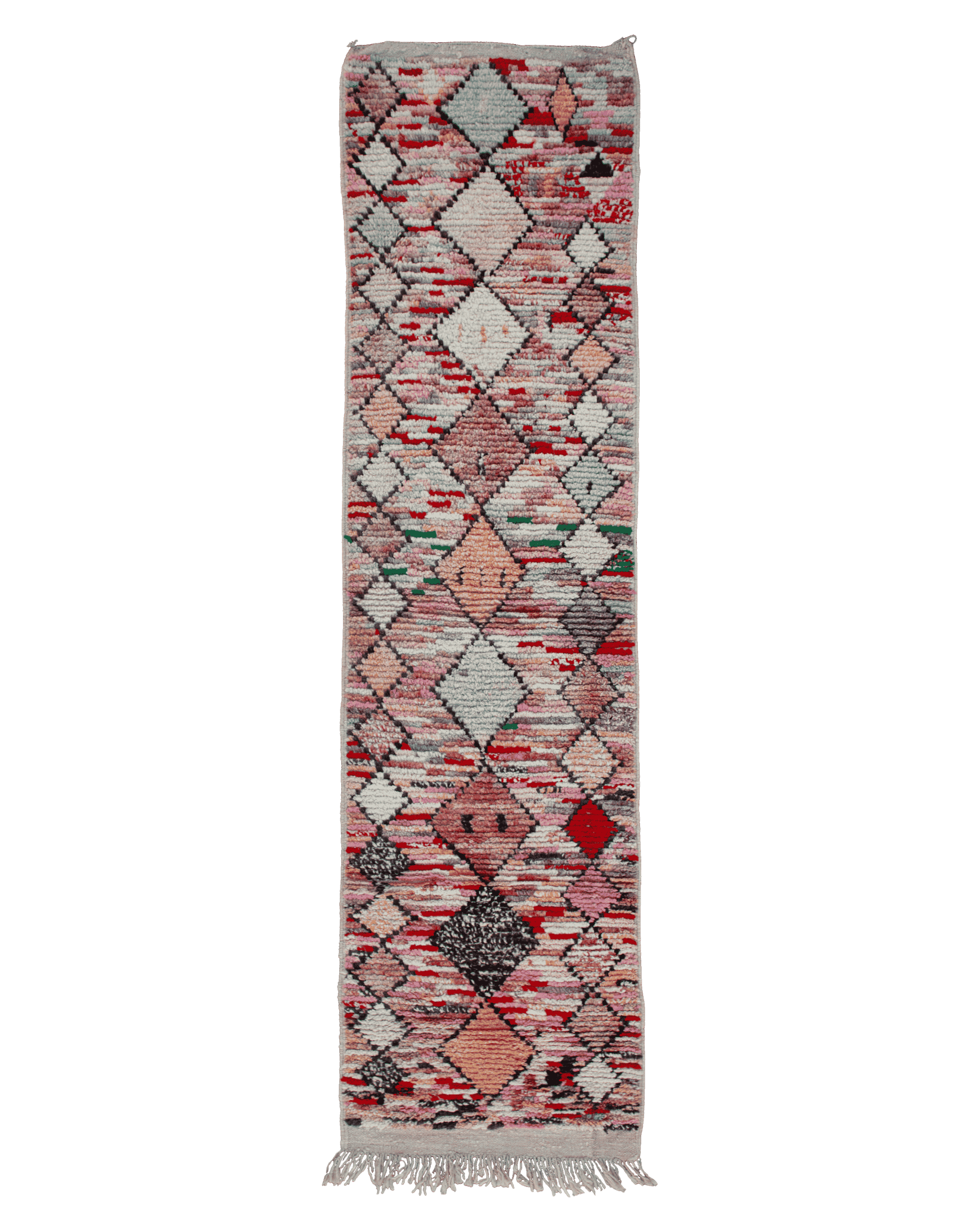 Tappeto da corridoio o cucina Boujaad multicolore 290×70 cm in lana con rombi concatenati rosa, rossi, grigio-azzurri, bianchi e neri
