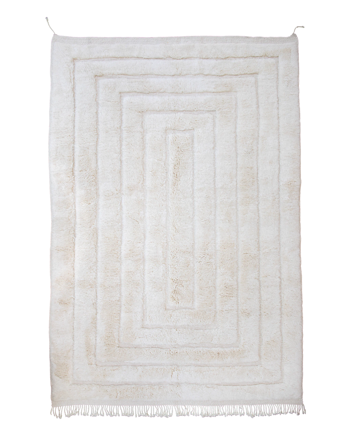 Tappeto Beni Mrirt Asad bianco 215×305 cm in pura lana con motivo geometrico a cornici concentriche in rilievo