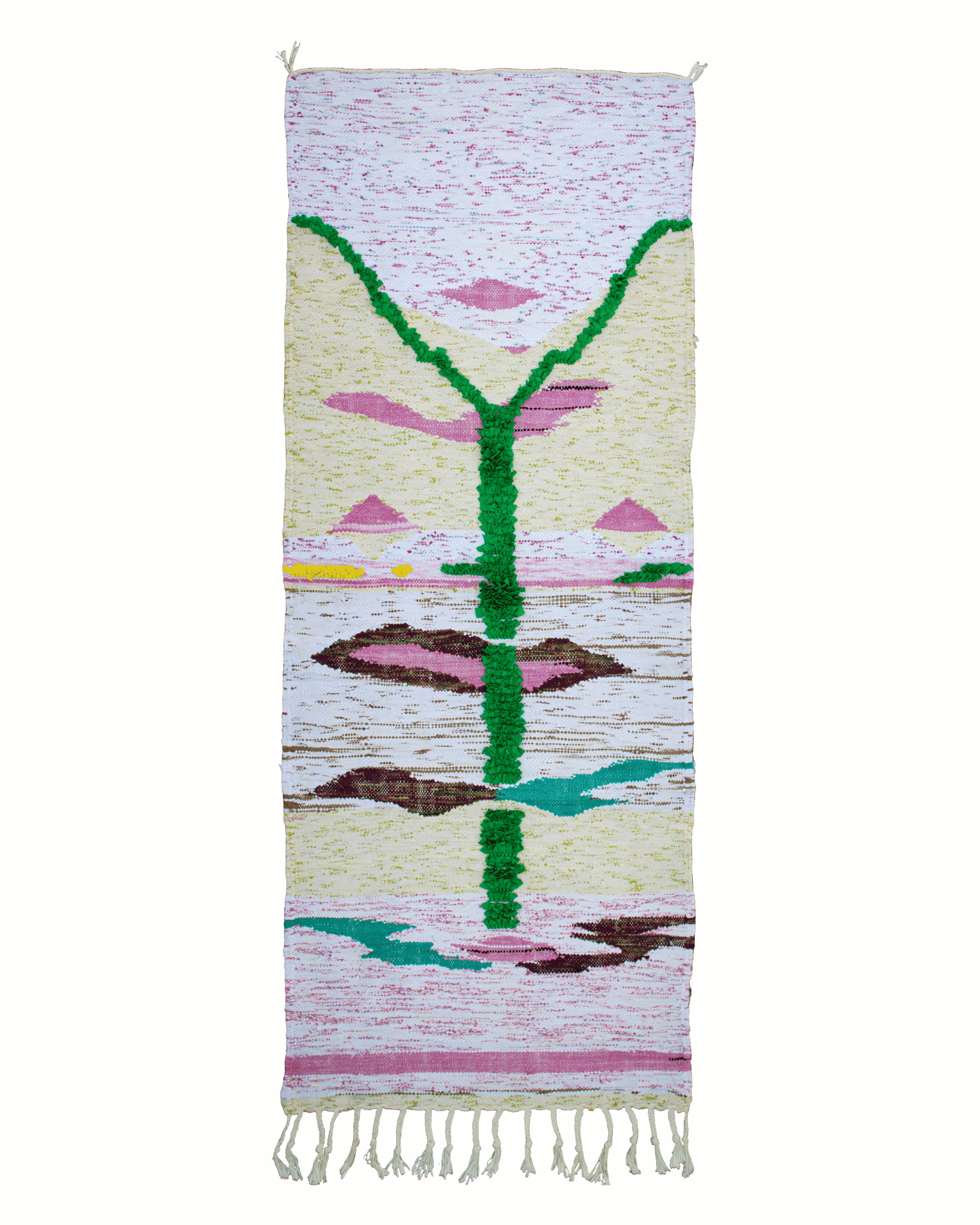 Tappeto di stracci per cucina o corridoio 175×70 cm in tessuti riciclati con disegno astratto verde, rosa, giallo e marrone