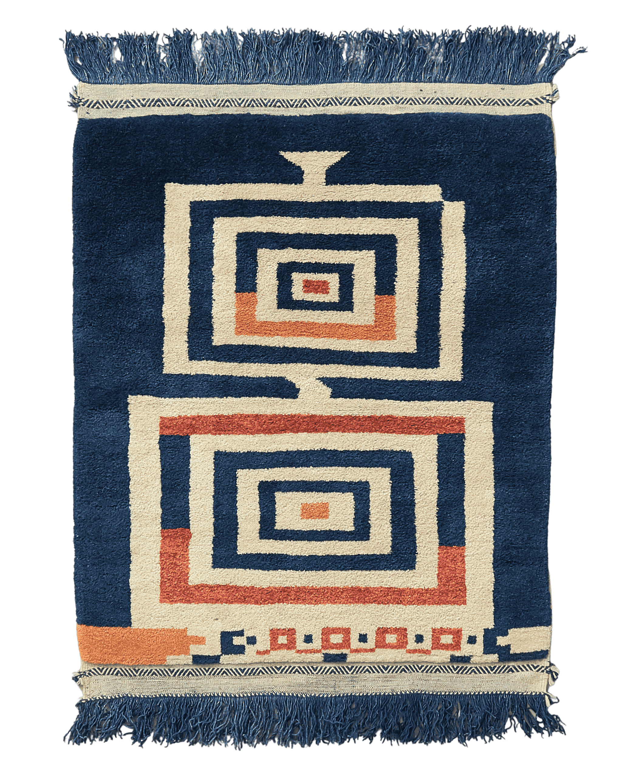 tappeto taznakht piccolo realizzato lana siroua a pleo corto tinta con colori naturali su base blu indaco e disegni tradizionali 