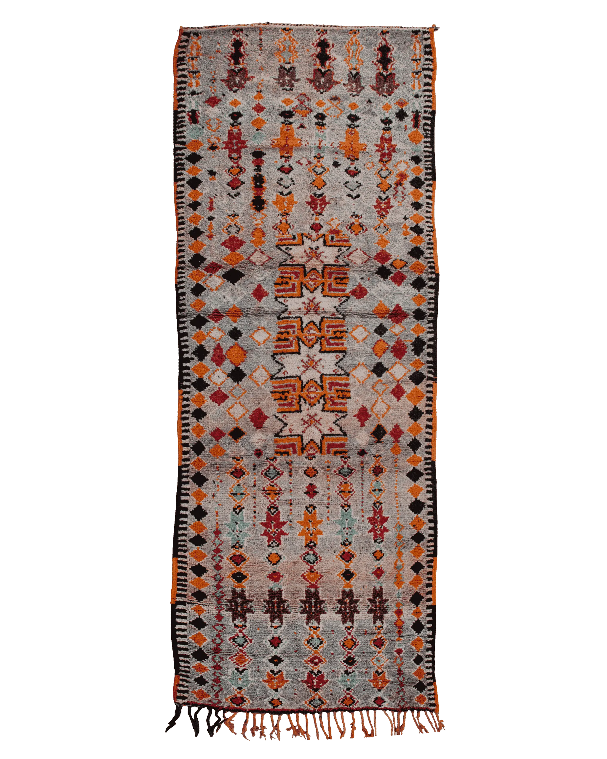 Passatoia Taznakht vintage 316×107 cm in lana con motivi geometrici berberi grigi, arancioni, rossi e neri