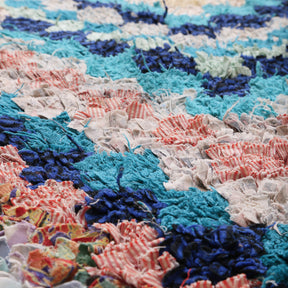 dettaglio delle fettuccine di diversi tessuti colorati che formano dei quadrati di un tappeto zyndekh
