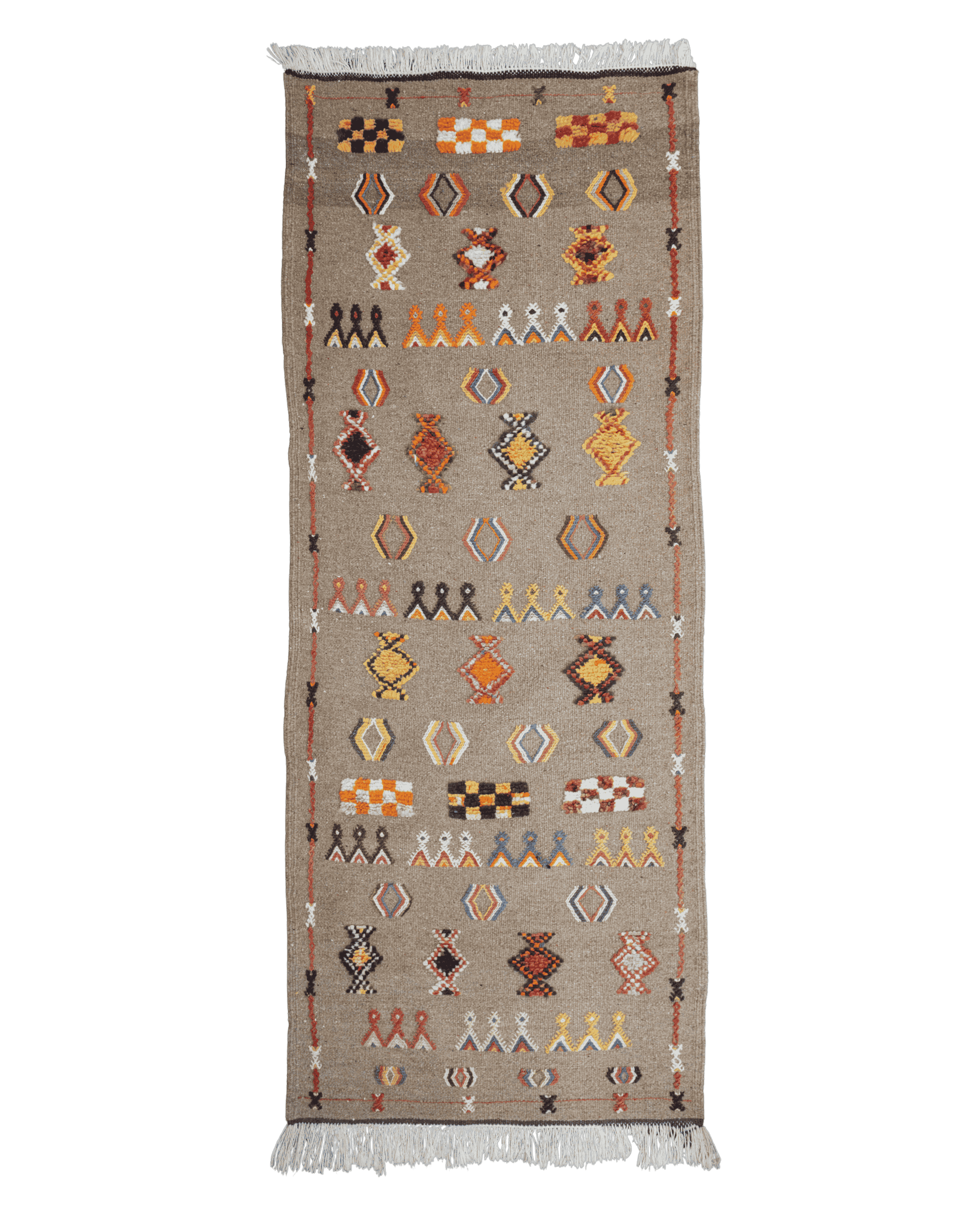 Tappeto passatoia 170x70 cm in lana beige con decori geometrici berberi colorati sparsi