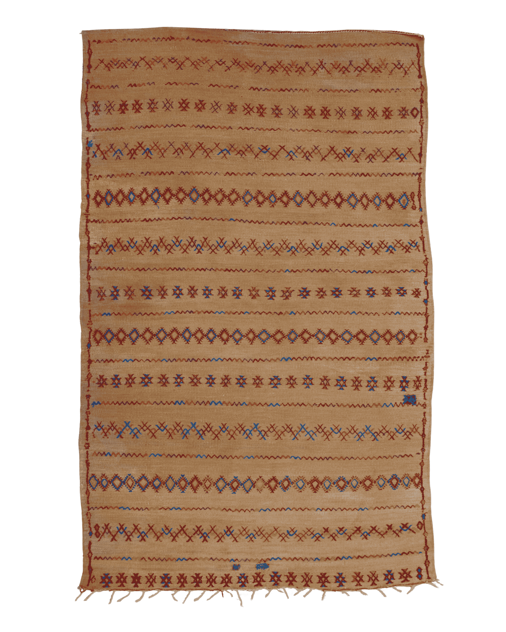 Tappeto stuoia antico in paglia intrecciata a mano con simboli amazigh rossi e blu