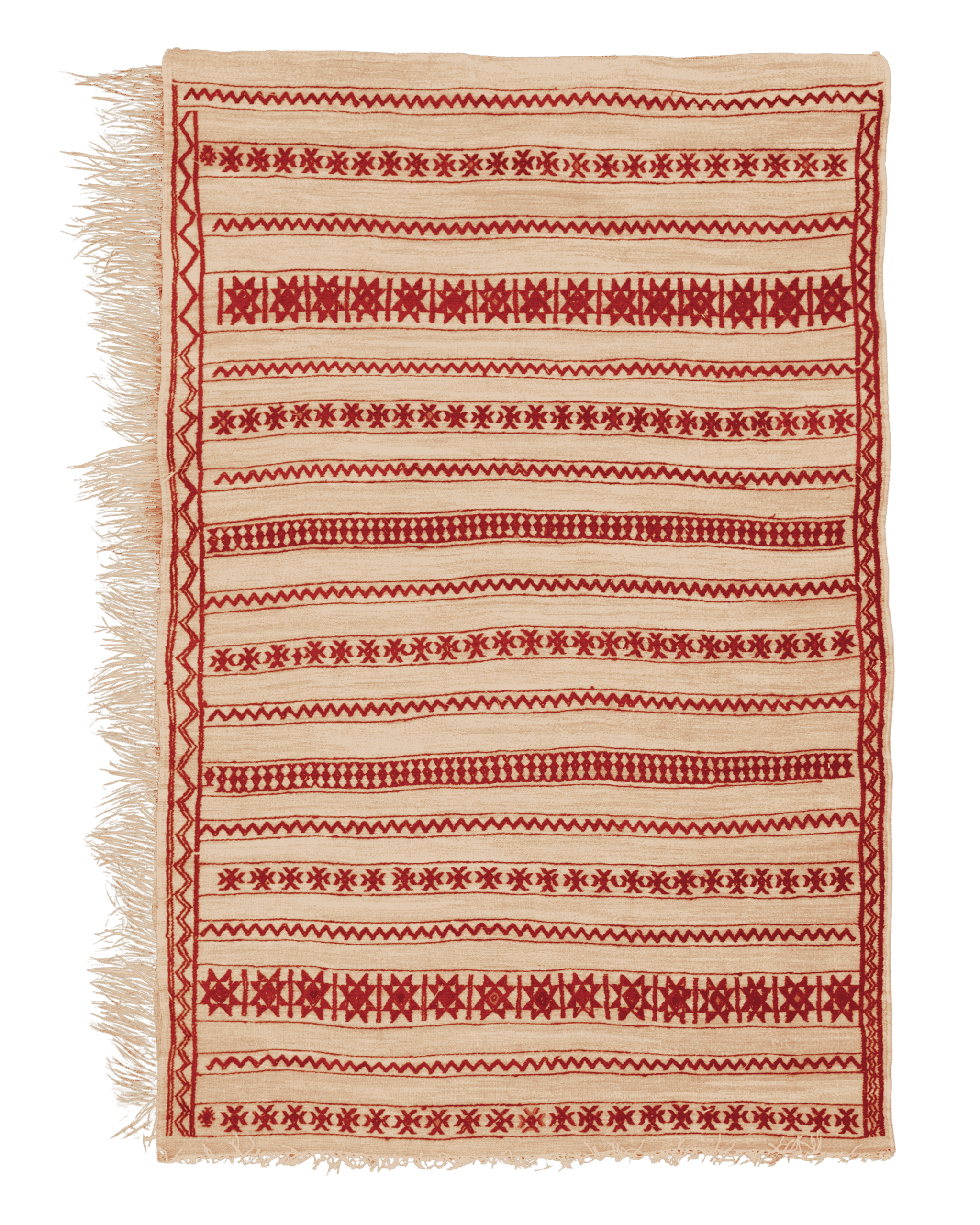 tappeto stuoia in paglia intrecciata con decorazioni geometriche e simboli berberi rossi