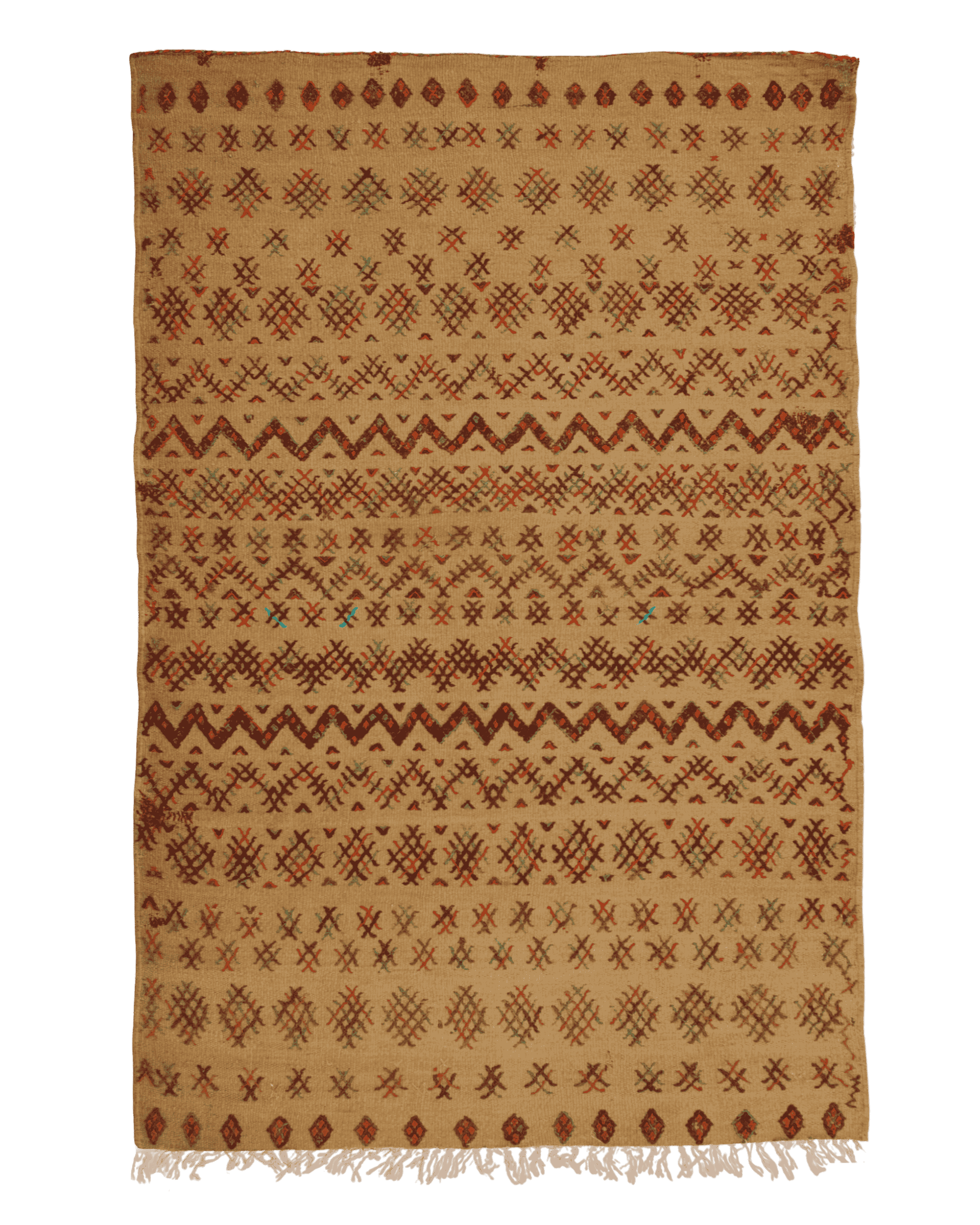 tappeto stuoia vintage in paglia intrecciata con simboli berberi rossi marroni verdi