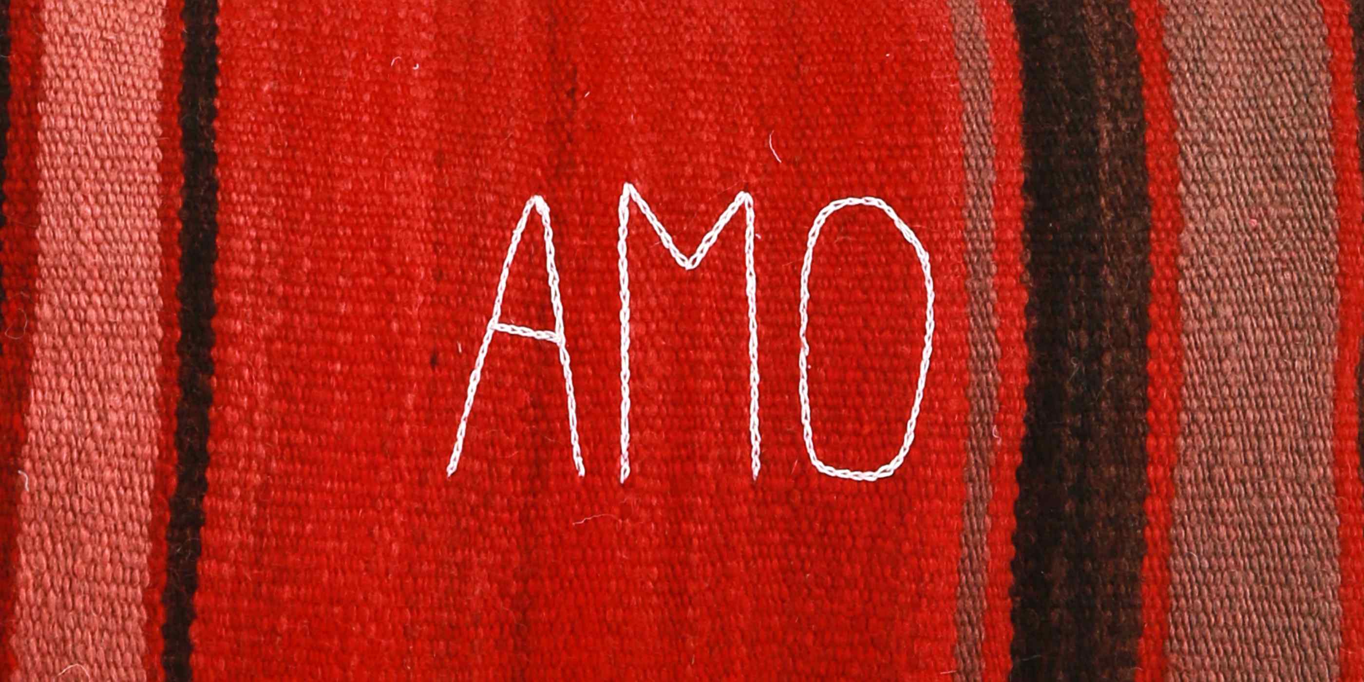 dettaglio della parola AMO ricamata con filo bianco su un cuscino a base rossa