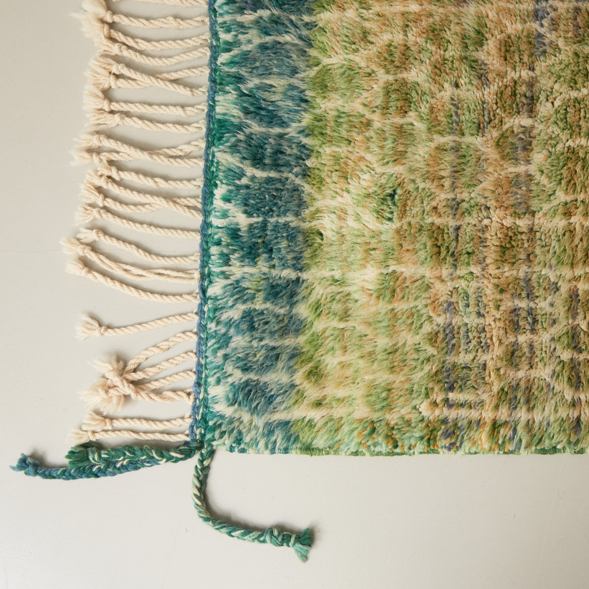 dettaglio della lunga frangia e dell'angolo di un tappeto beni mrirt con molte sfumature di verdi e linee sottili bianche