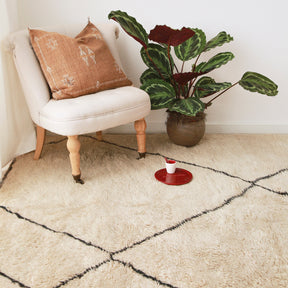 tappeto beni mrirt dalla lana grigio chiara con sopra un piatto rosso, un poltrona in tessuto bianco con un cuscino marrone in sabra e una pianta