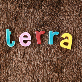 lettere realizzate in ceramiche di valore colore che compongono la parola terra appoggiate sulla lana marrone di un tappeto
